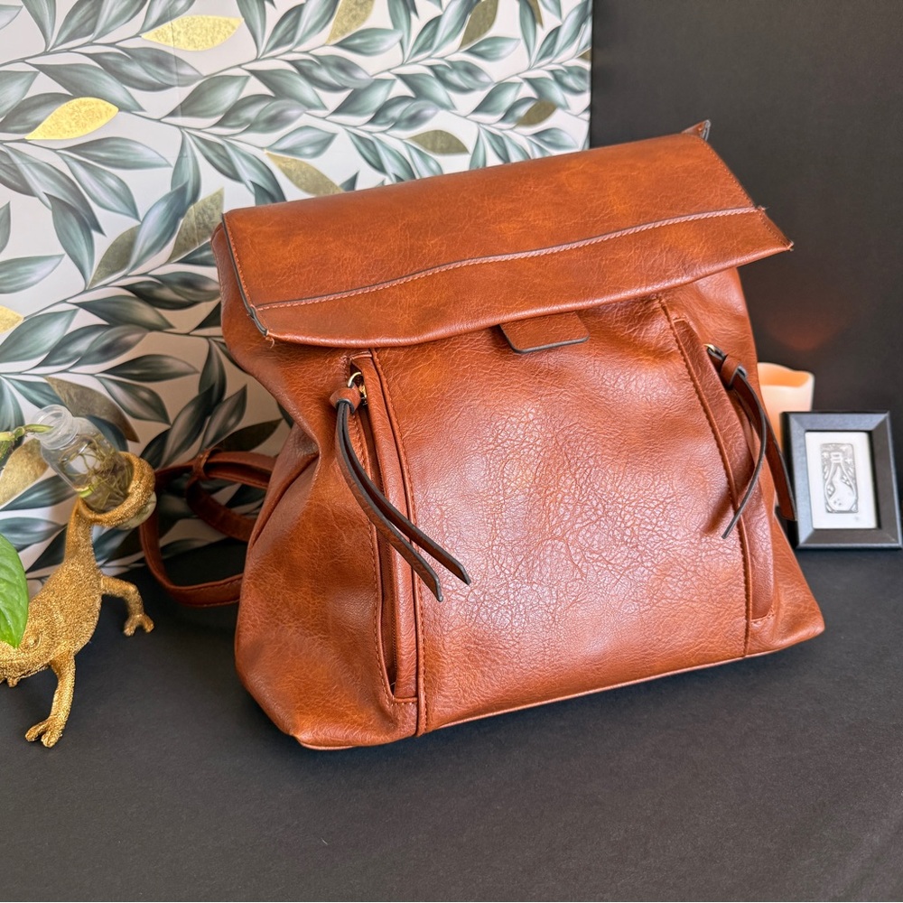 Vegan Leather Convertible Backpack Crossbody Bag – Cognac Brown